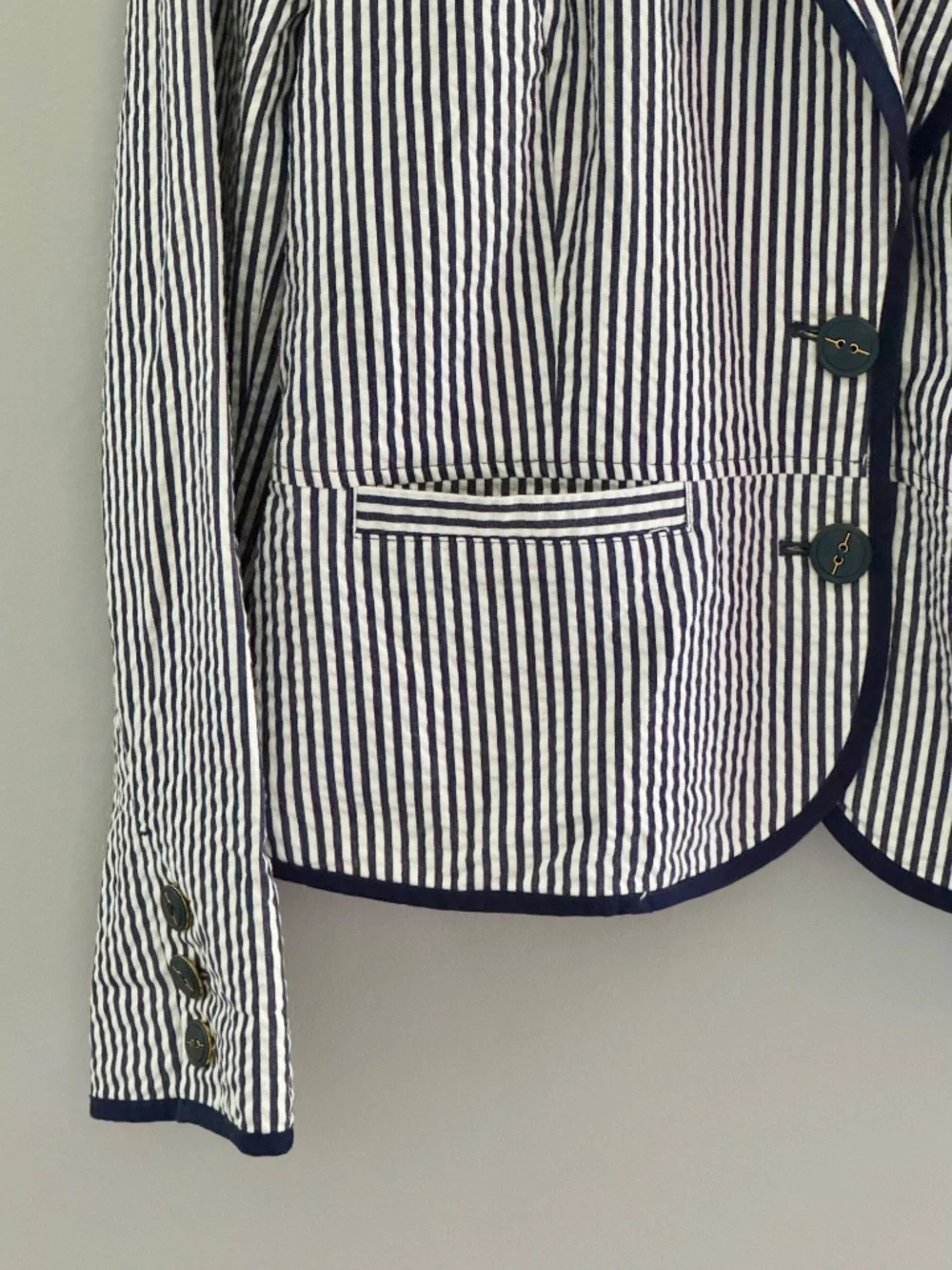 Sandro Cotton Blazer Blue White Stripe Nautical Styling Seersucker Jacket Large